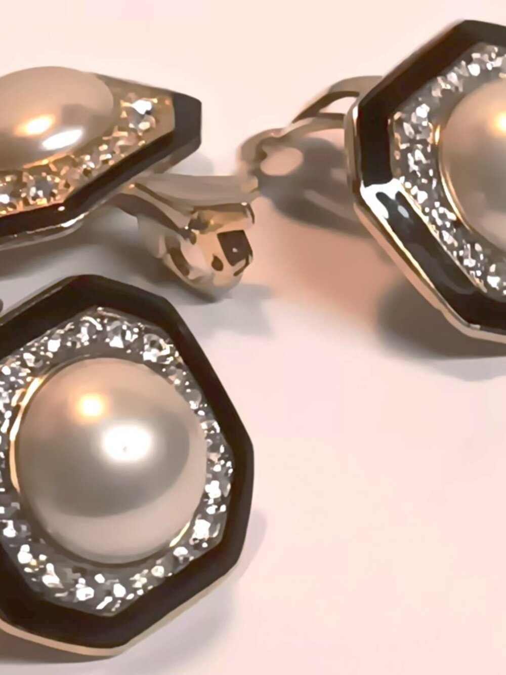 Vintage (1980's) 3-piec goldtone, rhinestone, black & pearl cabochon octagon set